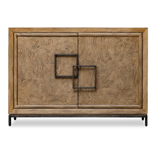 This Two Door Chest Combines Rich Burl Veneer And Oak Wood, And Is Highlighted By Distinctive, Asymmetrical Oil-rubbed Bronze Steel Framed Door Pulls.
