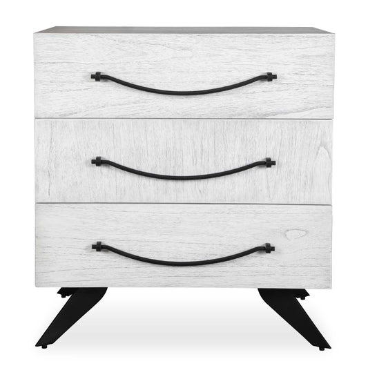 The Vivi Three Drawer Chest Features A White Finish With Black Iron Accents. Displaying Alternating Mindi Veneer Directions Giving It A Playful Element, While The Wide Black Hardware And Matching Legs Add To Its Contemporary Look. Has Soft Closing Drawer Glides.