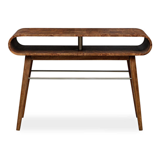 Crafted From Rich Burl Veneer And Java Wood, This Distinctive Console Table Effortlessly Brings A Mid-century Modern Charm To Your Space. Its Hollow Interior Offers Practical Storage While Maintaining Clean Lines And Organic Curves. Accented With Brass Finished Hardware.
