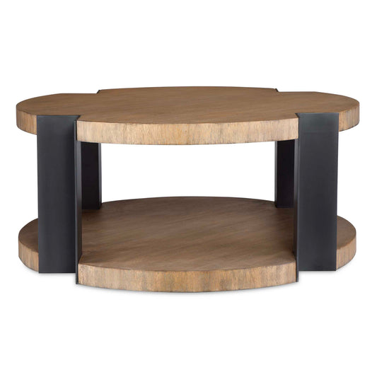 This Contemporary Coffee Table Harmonizes Natural Wood Elements With Industrial Style. Matte Black Metal Posts Accent The Circular Top And Lower Shelf, Both Crafted From Warm, Neutral Wood Tones, Creating A Bold Contrast That Will Be A Striking Piece In Any Space.