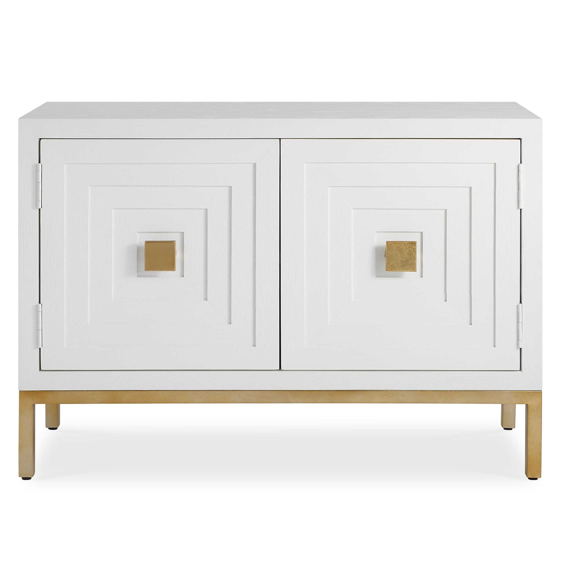 A Contemporary Geometric Two Door Accent Cabinet, Constructed From Deeply Grained Fir Wood Finished In A White Stain, Accented With Brushed Brass Hardware. Has One Fixed Interior Shelf.