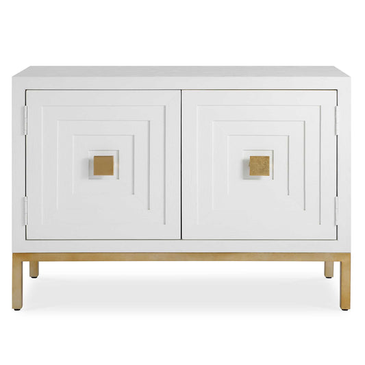 A Contemporary Geometric Two Door Accent Cabinet, Constructed From Deeply Grained Fir Wood Finished In A White Stain, Accented With Brushed Brass Hardware. Has One Fixed Interior Shelf.