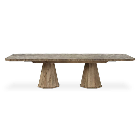 Made From Solid Reclaimed Oak, This Table Features A Beautifully Crafted Herringbone Inlay On The Tabletop, Complemented By Two Striking Geometric Pedestal Bases. The Design Seamlessly Blends Rustic Charm With Contemporary Elegance.
Solid Wood Will Continue To Move With Temperature And Humidity Changes, Which Can Result In Cracks And Uneven Surfaces, Adding To Its Authenticity And Character.
With Two 12" Leaves, This Fixed Base Extension Dining Table Features An Adjustable Dining Surface That Can Vary From 
