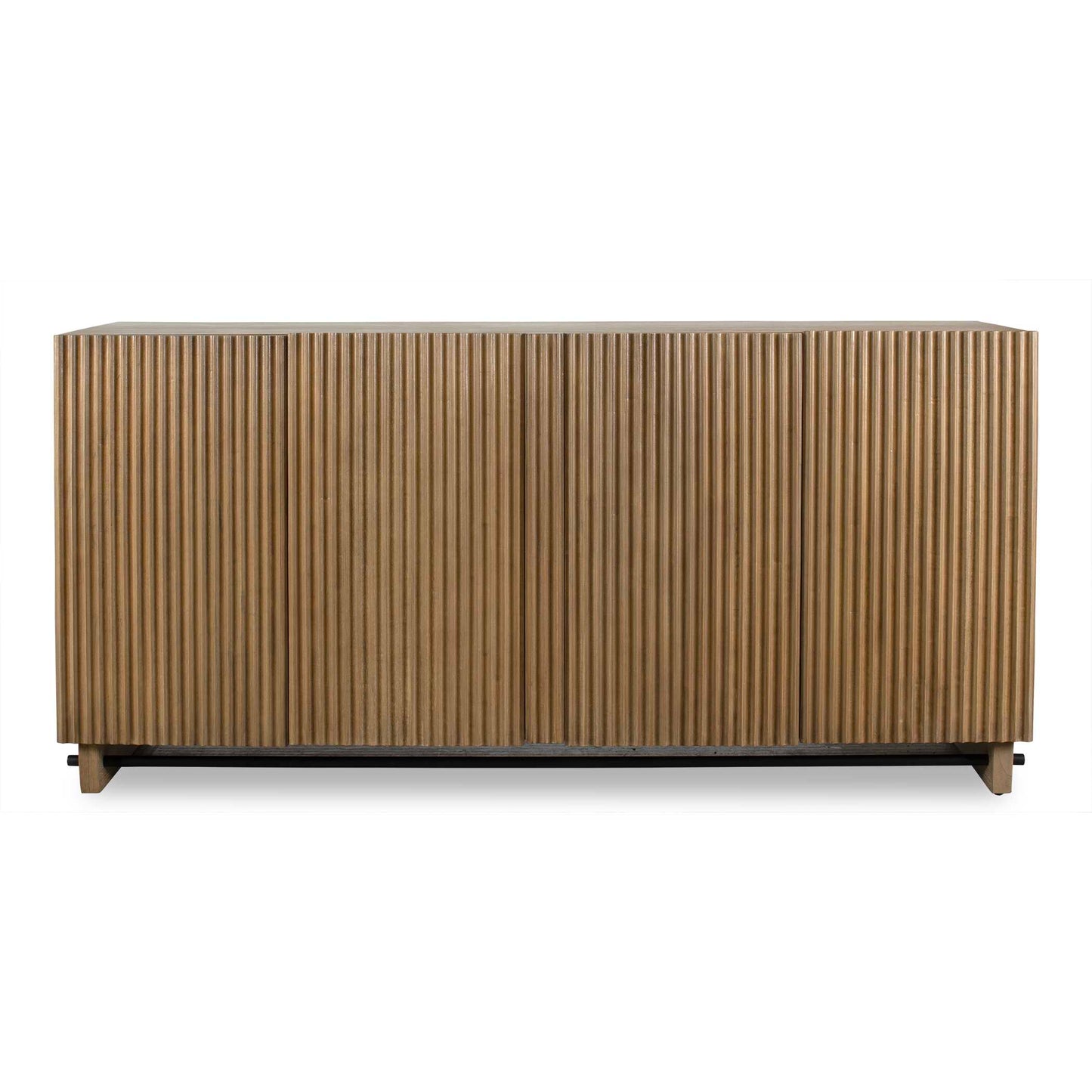 This Mindi Veneer Cabinet Boasts A Warm, Natural Wood Finish, Highlighted By A Captivating Fluted Texture On The Doors, Adding Depth And Character To Its Design. It Is Complemented By An Accent Stretcher Finished In Matte Black.