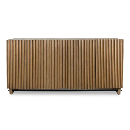 This Mindi Veneer Cabinet Boasts A Warm, Natural Wood Finish, Highlighted By A Captivating Fluted Texture On The Doors, Adding Depth And Character To Its Design. It Is Complemented By An Accent Stretcher Finished In Matte Black.