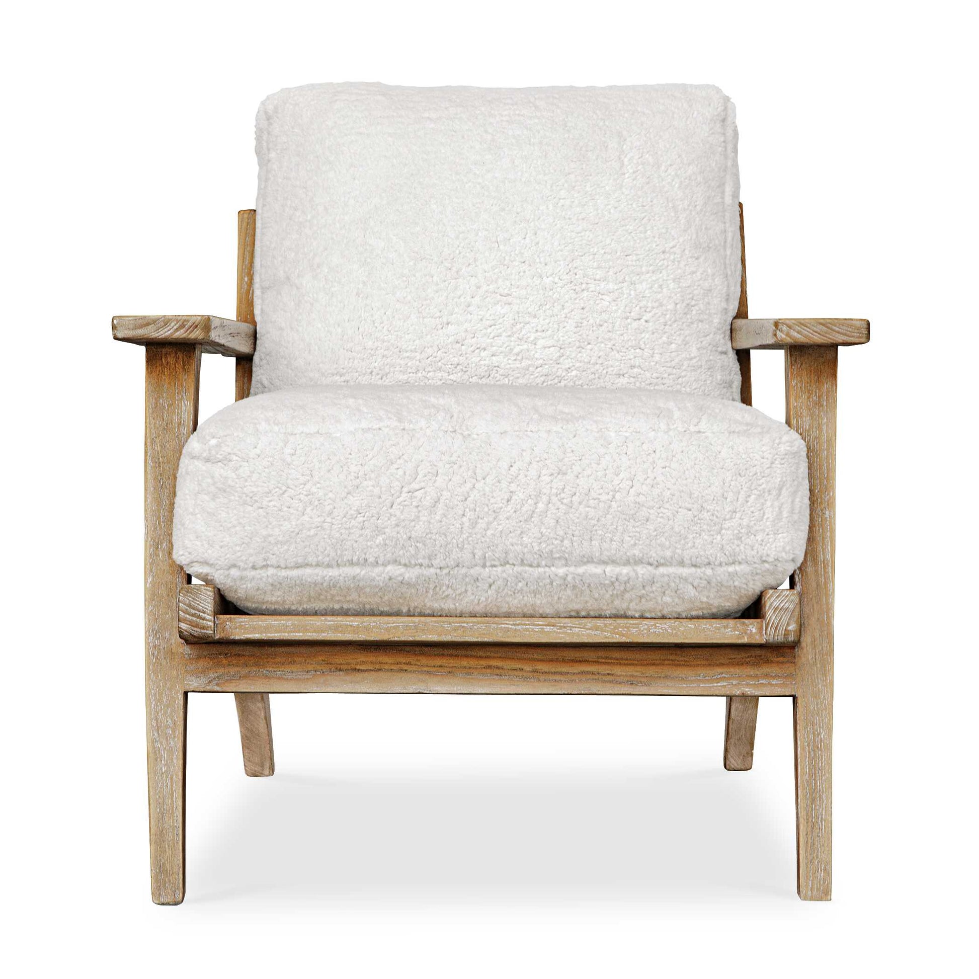 Relax In The Laid Back Lounge Chair, Solidly Constructed From Mindi Wood In A Natural Finish. Plush Cushions Are Upholstered In An Ultra Soft, White Faux Sheepskin Fabric. Seat Height Is 20".