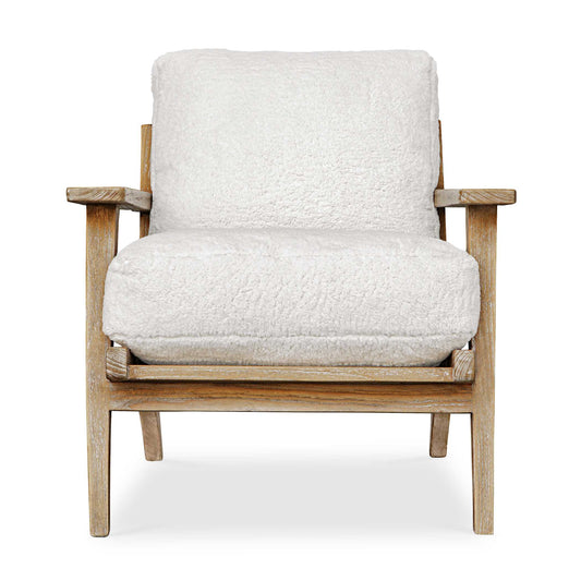 Relax In The Laid Back Lounge Chair, Solidly Constructed From Mindi Wood In A Natural Finish. Plush Cushions Are Upholstered In An Ultra Soft, White Faux Sheepskin Fabric. Seat Height Is 20".