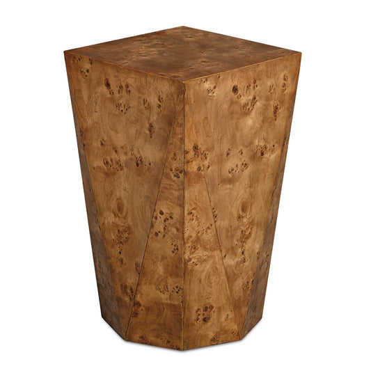 This Accent Table Showcases A Captivating Geometric Design With Angled, Faceted Sides That Beautifully Accentuate The Rich Patterns And Intricate Grain Of The Caramel Finished Poplar Burl Wood. Its Striking Form Creates A Stunning Focal Point, Making It A Perfect Centerpiece For Any Space.