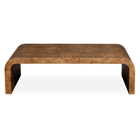 This Coffee Table Features A Sleek, Seamless Curved Design, Beautifully Finished With Burl Veneer. Its Minimalist Form Accentuates The Wood's Natural Grain, Creating A Stylish And Eye-catching Centerpiece For Any Living Space.