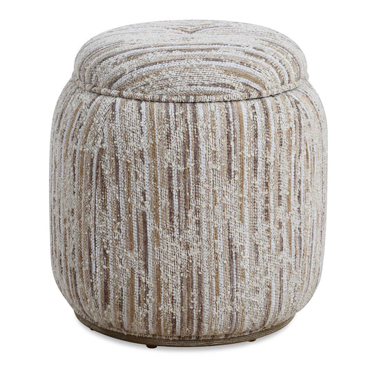 A Statement Stripe Also Acting As A Neutral, The Dialogue Accent Stool Features A Slubbed Boucle Polyester In Ivory, Tan And Brown Tones Over An Oak Finished Solid Wood Base With Beige Ceruse. Top Is Removable For Extra Storage.
