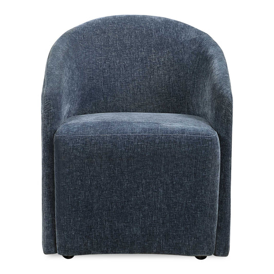 Make A Statement At Your Dining Table With The Harbor Dining Chair. Complete With Sumptuous Curves With Its Unique Barrel Back Design Encapsulating Its Seat, Complete With Rolling Casters For Ease Of Use. Fully Upholstered In A Crosshatched Polyester Velvet In Harbor Blue. Seat Height Is 19".