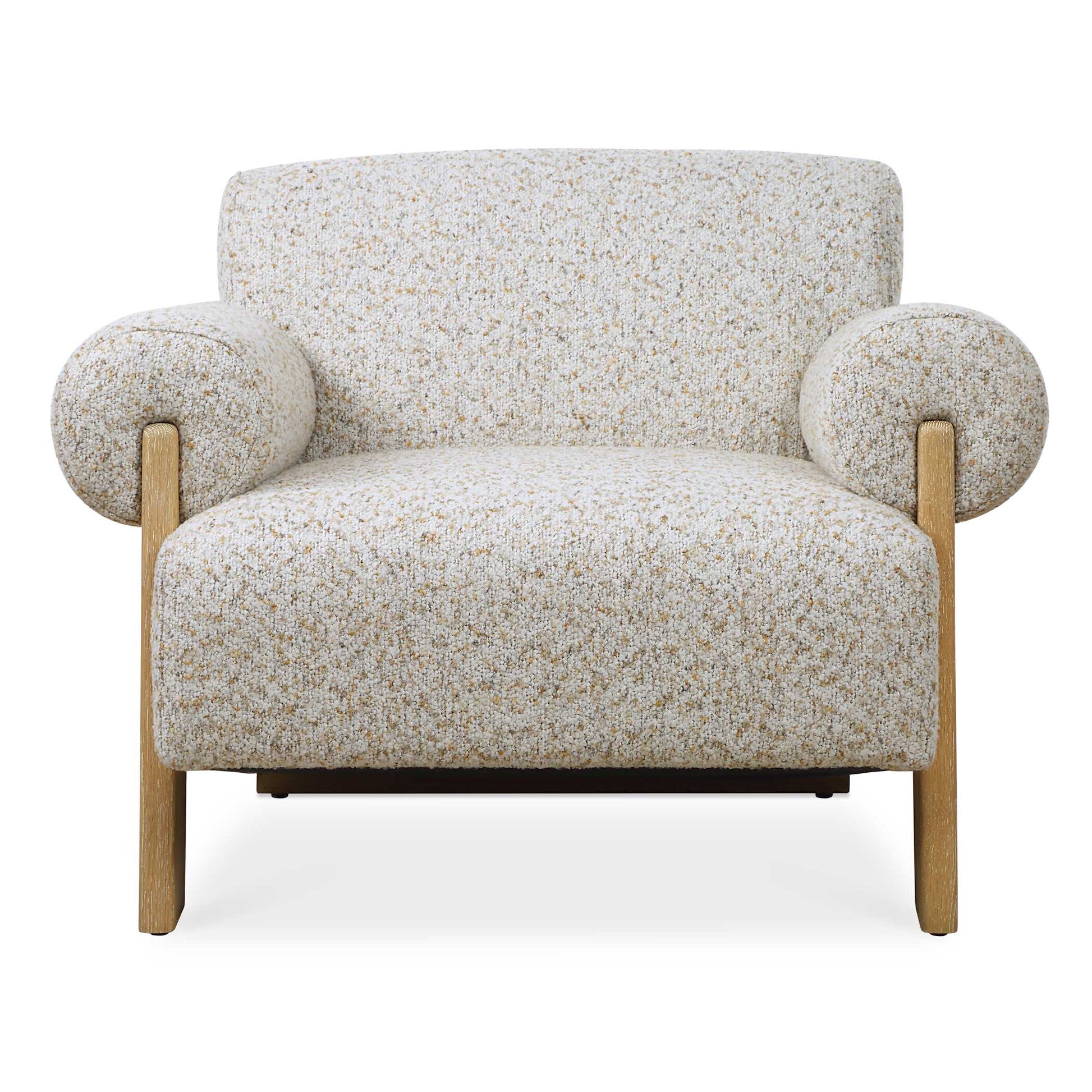 Rolled Arms Of The Juncture Accent Chair Encapsulate The Decorative Legs In Solid Oak With A Natural Finish. Fully Upholstered In A Textured Boucle With Tones Of Flax, Ivory, Caramel And Taupe.