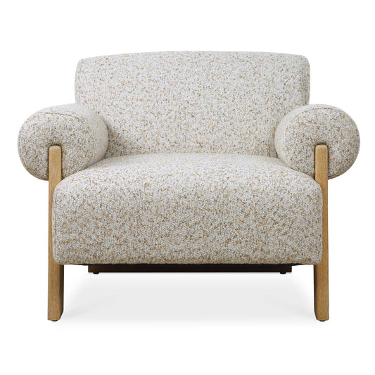 Rolled Arms Of The Juncture Accent Chair Encapsulate The Decorative Legs In Solid Oak With A Natural Finish. Fully Upholstered In A Textured Boucle With Tones Of Flax, Ivory, Caramel And Taupe.