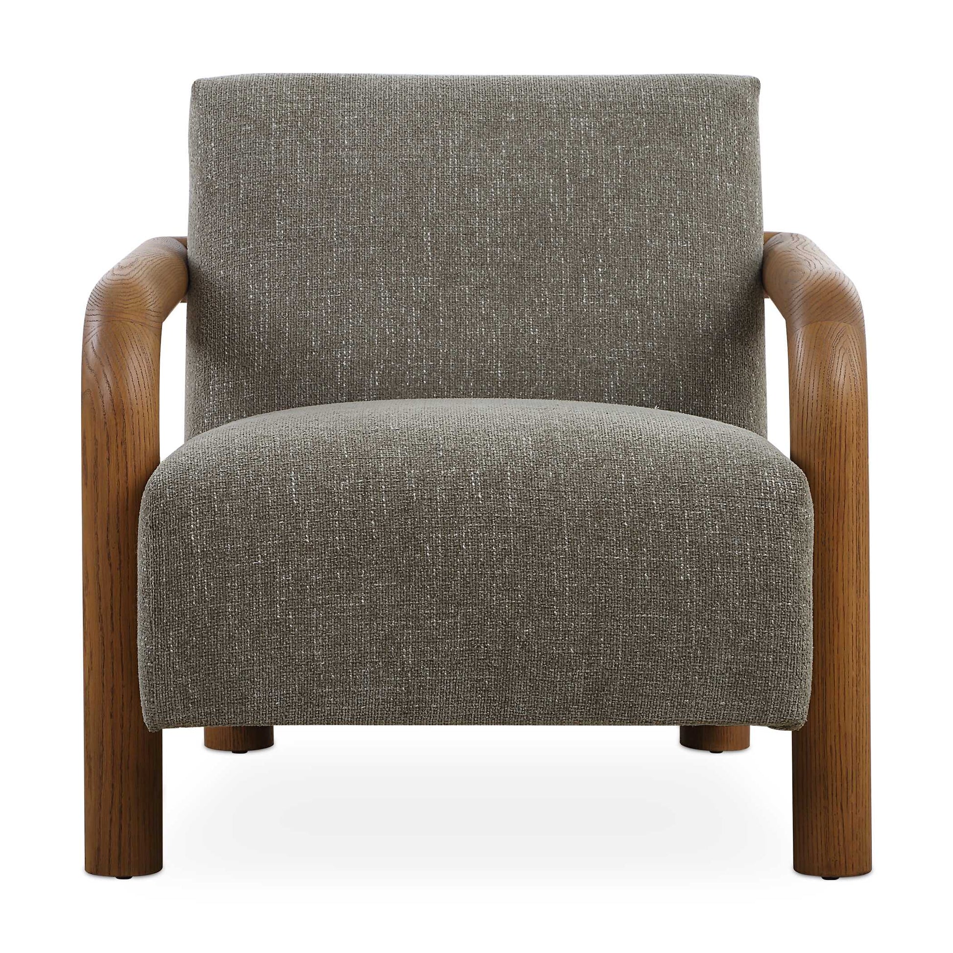 Sturdy Curved Oak Arms Are The Focal Point Of The Balance Accent Chair. Finished In A Natural Warm Stain Paired With A Comfortable Floating Seat Upholstered In A Knubby Herb Green Chenille.
