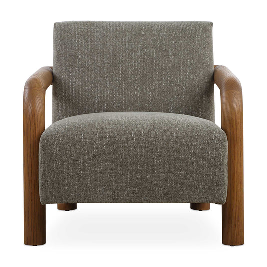 Sturdy Curved Oak Arms Are The Focal Point Of The Balance Accent Chair. Finished In A Natural Warm Stain Paired With A Comfortable Floating Seat Upholstered In A Knubby Herb Green Chenille.