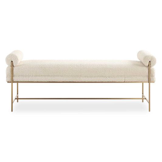 A Chic Accent Bench, Featuring A Supportive Yet Stylish Stainless Steel Frame Finished In Brushed Brass With Fixed Bolster Pillow Accents. Upholstered In A Textured Boucle Polyester In Pearl White. Seat Height Is 19".