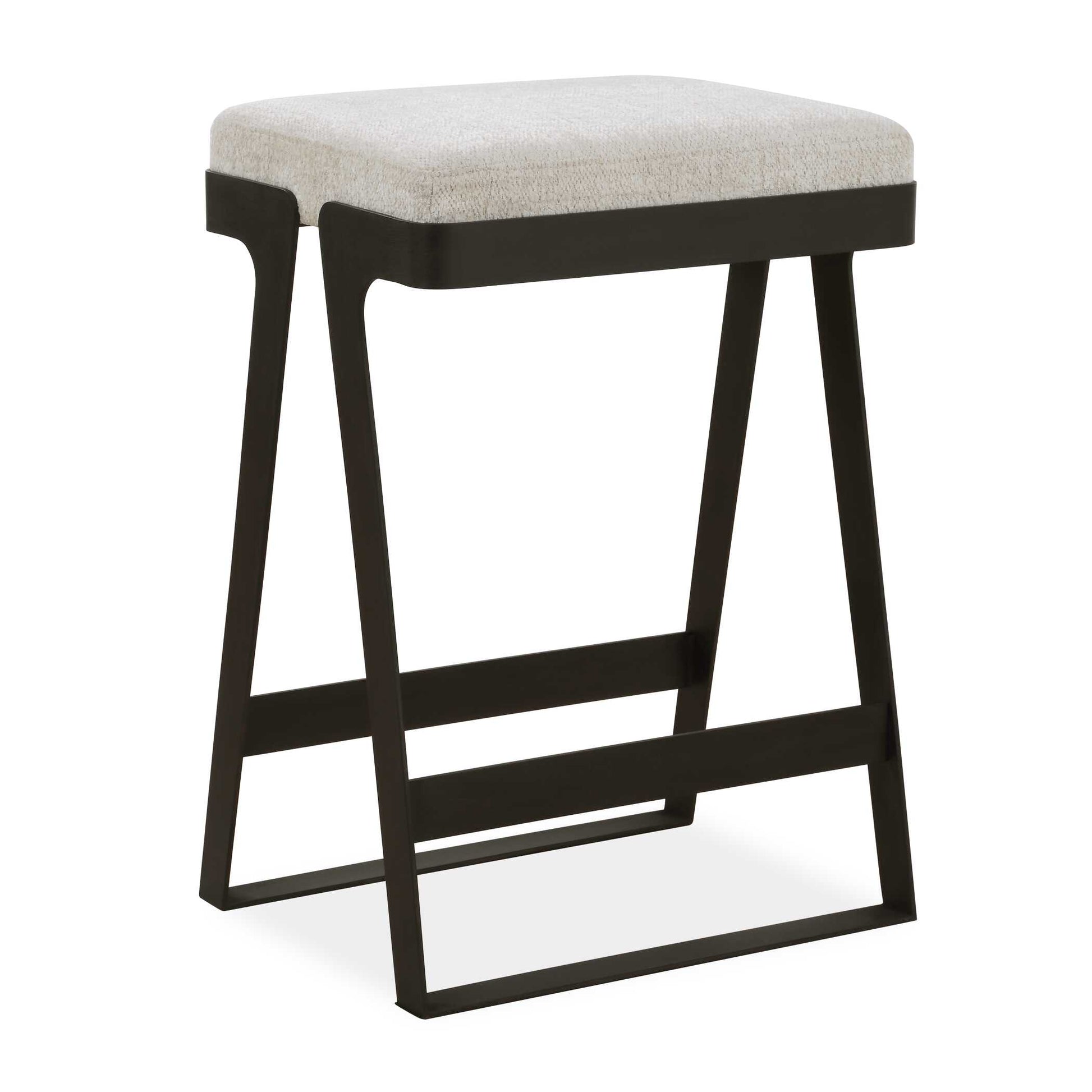 The Modern Hover Counter Stool Is Streamlined With An Aged Black Curved Iron Base And Cushioned Seat. Upholstered In An Ivory Chenille Boucle Performance Fabric.