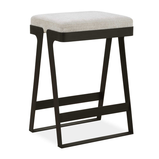 The Modern Hover Counter Stool Is Streamlined With An Aged Black Curved Iron Base And Cushioned Seat. Upholstered In An Ivory Chenille Boucle Performance Fabric.