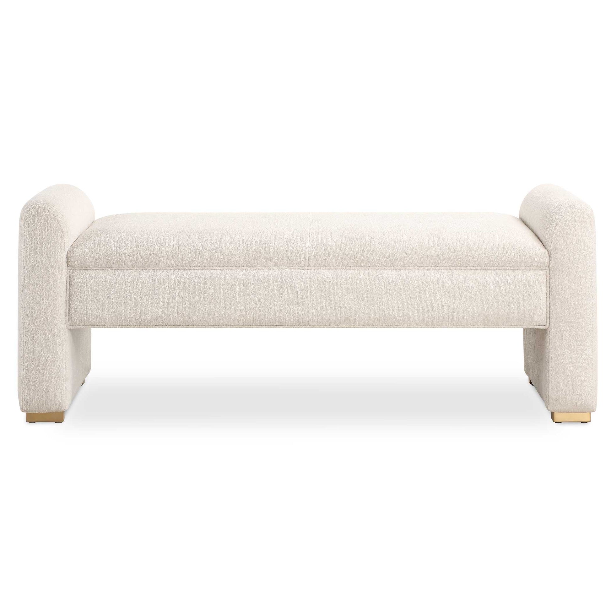 Lush And Inviting, The Caliste Bench Displays An Elegant And Well Tailored Look Upholstered In A Textured Boucle Polyester In Ivory. Finished With Small Brass Feet In Brushed Brass. Seat Height Is 18".
