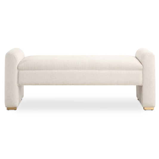 Lush And Inviting, The Caliste Bench Displays An Elegant And Well Tailored Look Upholstered In A Textured Boucle Polyester In Ivory. Finished With Small Brass Feet In Brushed Brass. Seat Height Is 18".
