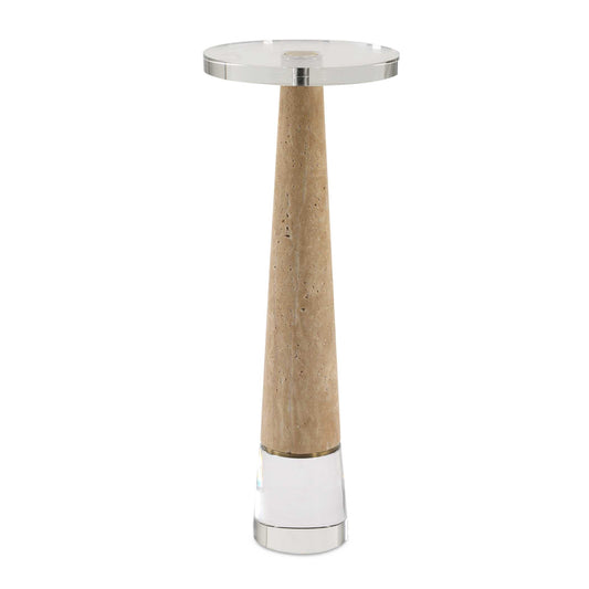 This Contemporary Drink Table Pairs The Sophisticated Beauty Of Natural Travertine With The Elegance Of Crystal. The Thick Crystal Top Allows You To See The Beauty Of The Large Travertine Cone Which Sits Atop A Tapered Cylinder Of Crystal. Gold Metal Details Finish The Look. Endlessly Elegant.