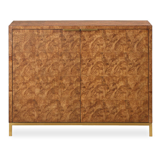 This 2 Door Cabinet Is Meticulously Crafted With A Rich Burl Veneer, Showcasing A Captivating Geometric Square Pattern That Adds Depth To Its Surface. The Cabinet Is Framed By Gold Finished Metal Legs And Coordinating Hardware That Enhances Its Luxurious Appeal.