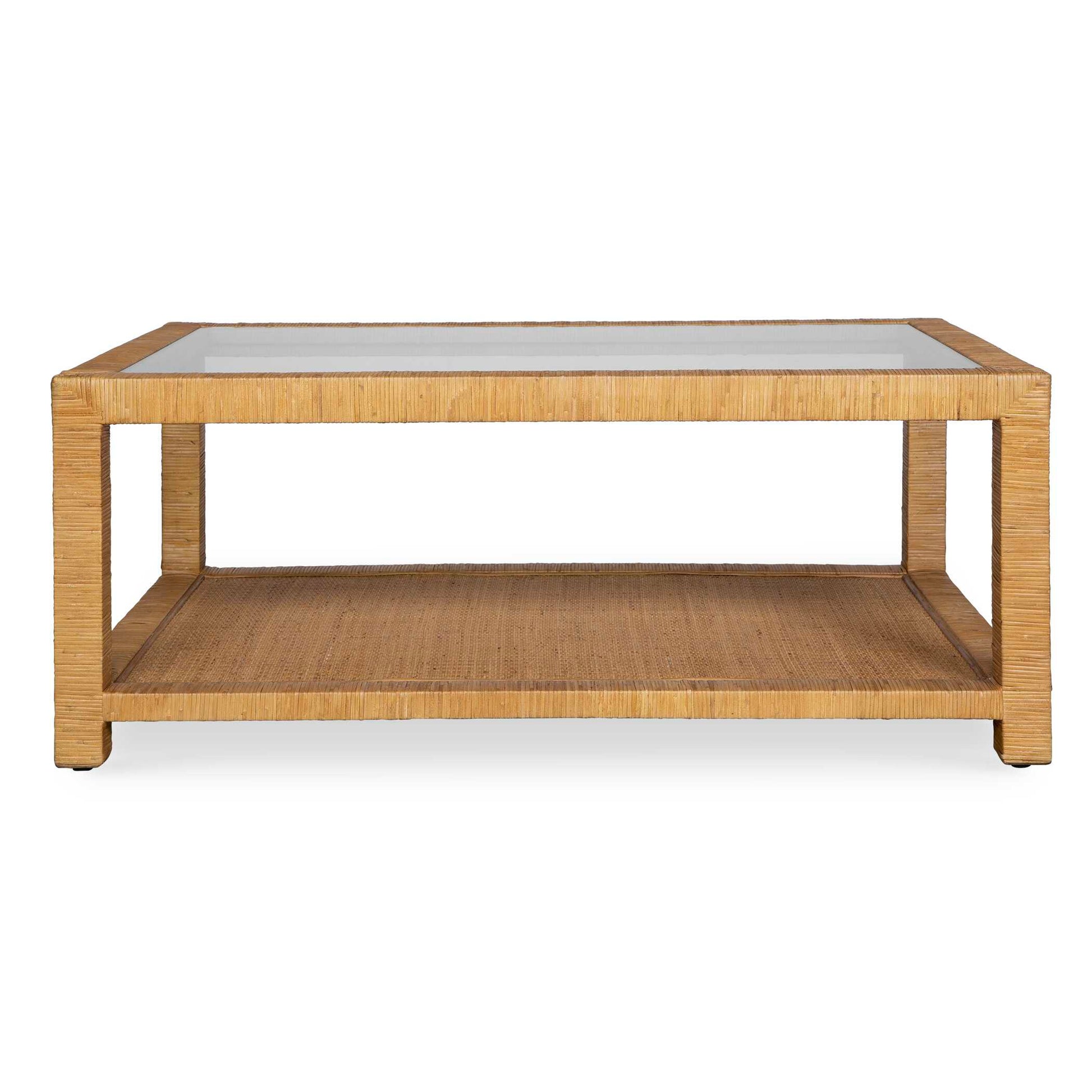 This Casual Coffee Table Offers Generous Display Space And Exudes A Rustic Charm With Its Natural Rattan Wrap Finish, Complemented By A Sleek Glass Top.