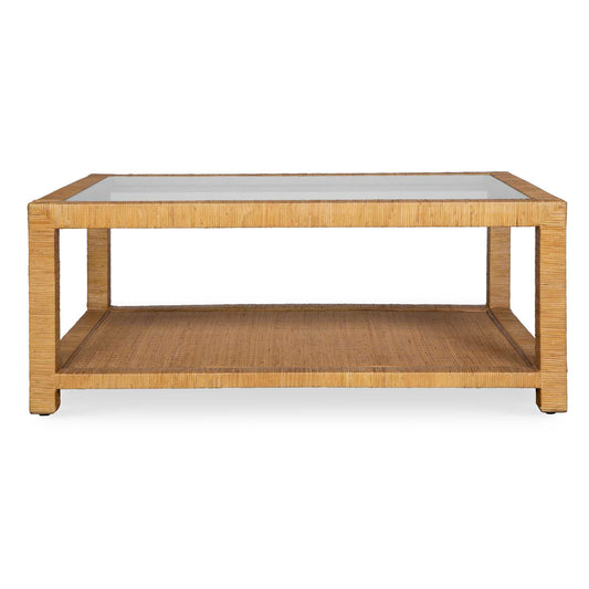 This Casual Coffee Table Offers Generous Display Space And Exudes A Rustic Charm With Its Natural Rattan Wrap Finish, Complemented By A Sleek Glass Top.