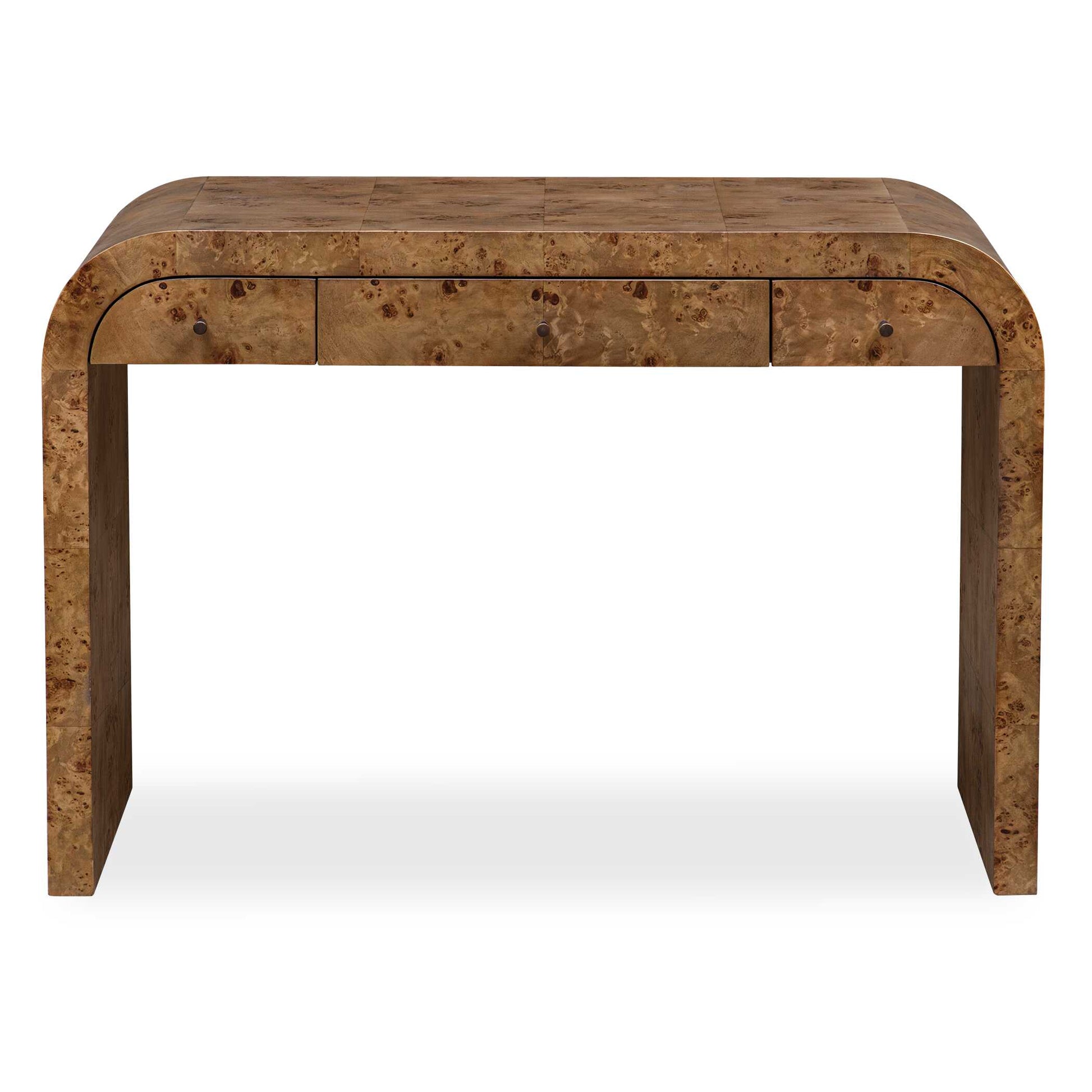 The Rocco Desk Features A Curved Silhouette Design In Mappa Burl Veneer. The Dark Bronze Drawer Pulls Add A Touch Of Sophistication, While The Functional Storage Makes It The Perfect Piece To Elevate Any Workspace.