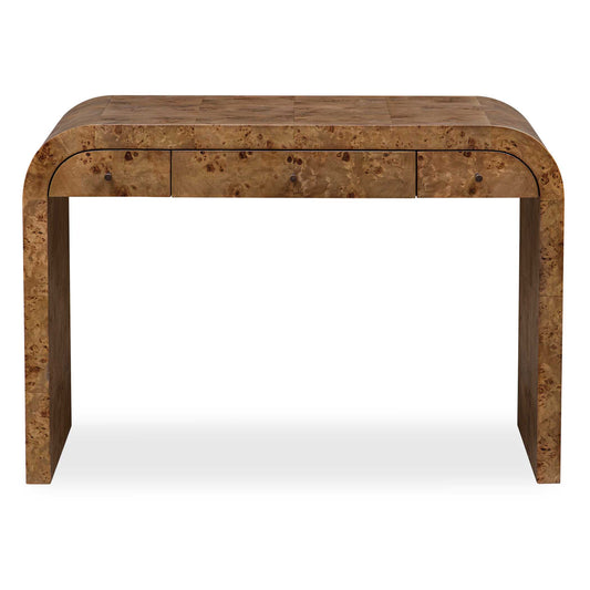 The Rocco Desk Features A Curved Silhouette Design In Mappa Burl Veneer. The Dark Bronze Drawer Pulls Add A Touch Of Sophistication, While The Functional Storage Makes It The Perfect Piece To Elevate Any Workspace.
