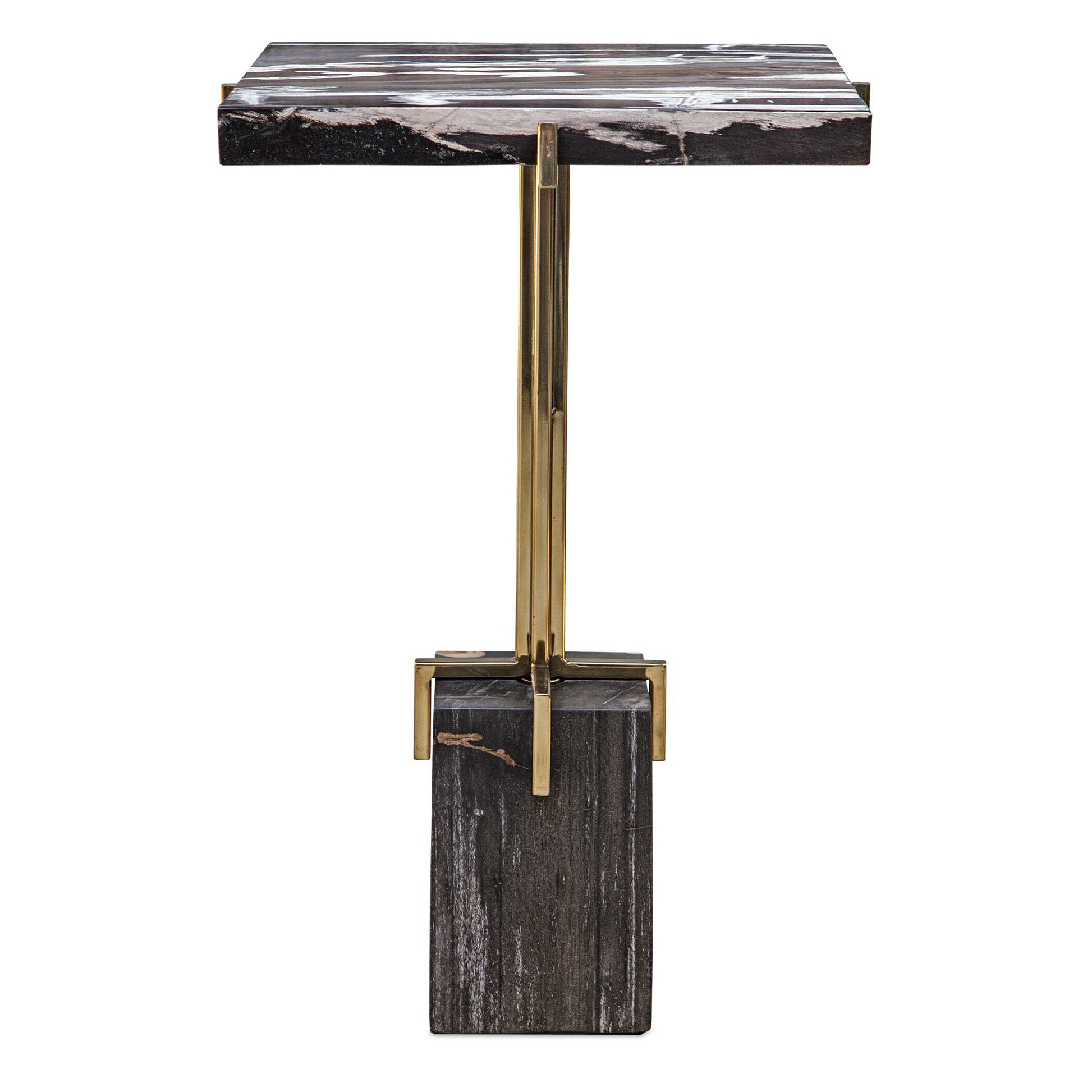 This Accent Table Features A Gold Finished Stainless Steel Base With Four Prongs Hugging The Petrified Wood Top And Base. True To The Nature Of Natural Materials, Each Piece Will Vary.