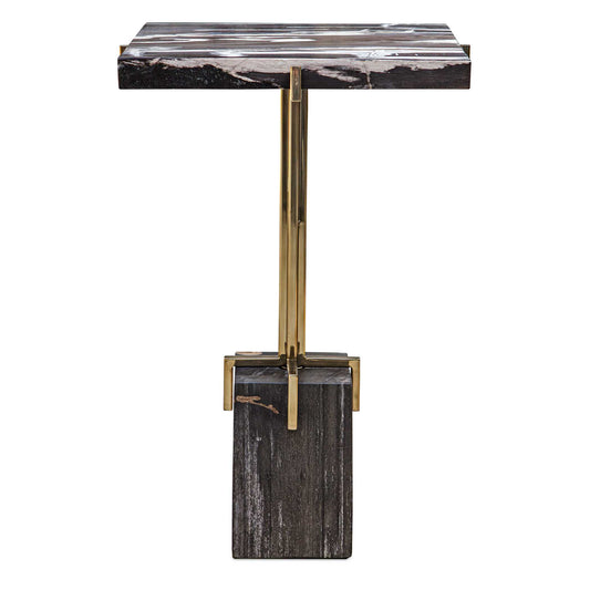 This Accent Table Features A Gold Finished Stainless Steel Base With Four Prongs Hugging The Petrified Wood Top And Base. True To The Nature Of Natural Materials, Each Piece Will Vary.
