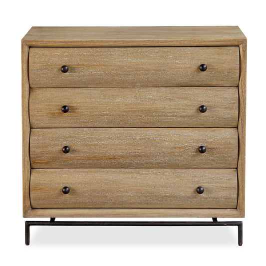 Featuring Mindi Wood In A Warm Natural Finish, Four Curved Drawer Fronts, And Complementary Bronze Hardware, This Accent Chest Effortlessly Combines Natural Elements With Industrial Undertones, Making It A Stylish And Functional Addition To Any Space.