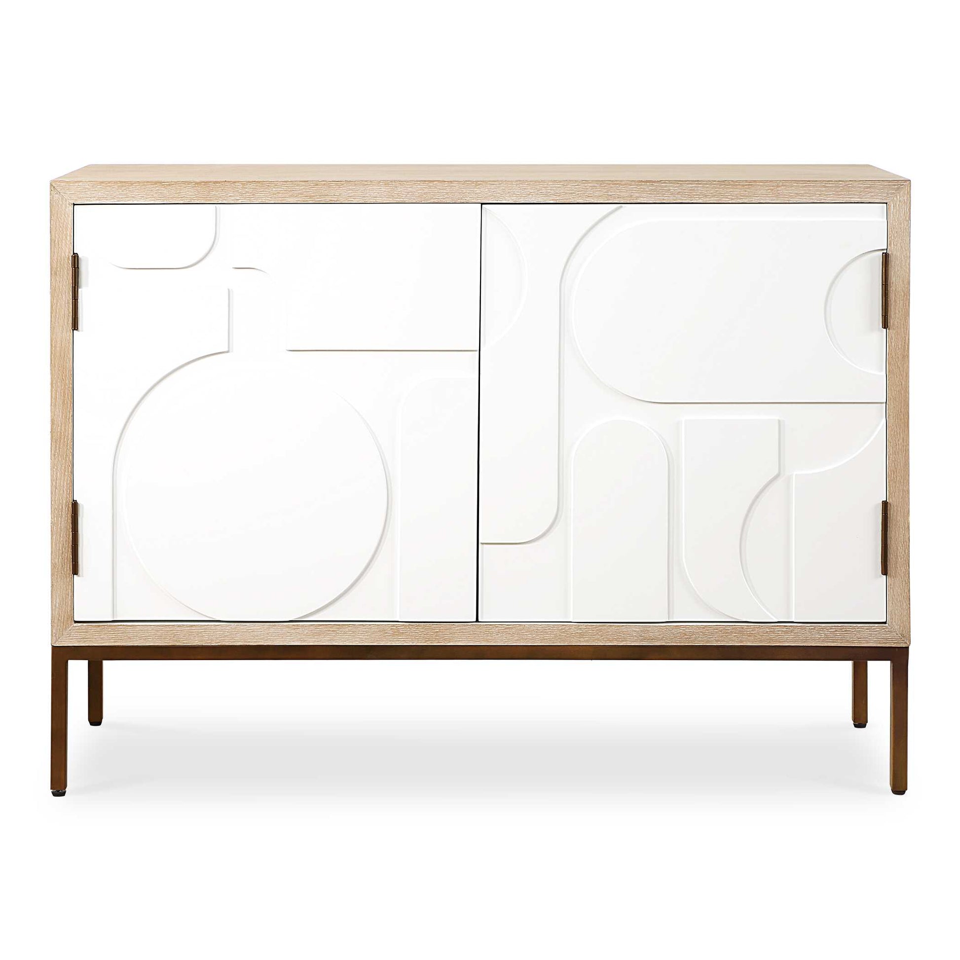 The Organic Warmth Of Natural Fir Veneer Meets The Geometric Lines Of The Cabinet Doors, Adorned With A Casual Cream Finish. The Sleek, Iron Legs In Bronze Elevate The Design, Creating A Blend Of Natural And Contemporary Elements.