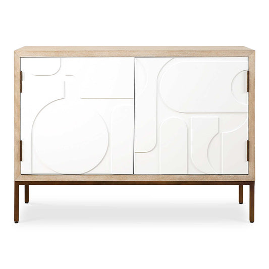The Organic Warmth Of Natural Fir Veneer Meets The Geometric Lines Of The Cabinet Doors, Adorned With A Casual Cream Finish. The Sleek, Iron Legs In Bronze Elevate The Design, Creating A Blend Of Natural And Contemporary Elements.