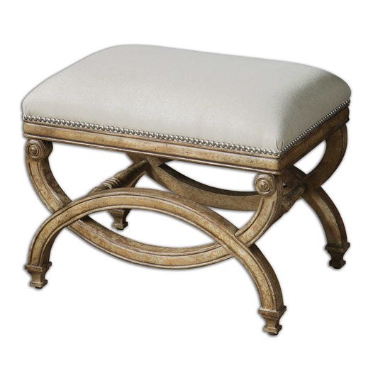 Hand Carved, White Mahogany Frame With Antiqued Almond Finish. Covering Is Natural Linen And Cotton Accented By Champagne Silver Nails.