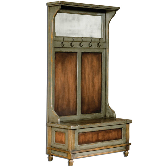 Honey Stained, Solid Mahogany Wood With Hand Painted, Distressed Charcoal Gray Accents, Aged Brass Coat Hooks, And Antiqued Mirror. Seat Lifts With Safety Hinge For Storage.