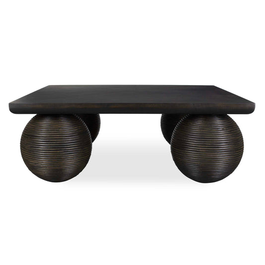 This Coffee Table Is Sure To Be The Focal Point Of Any Room, Featuring Oversized Rattan-covered Spheres As Legs. The Table Is Crafted From Mango-wood Veneer And Finished In A Distressed Black.