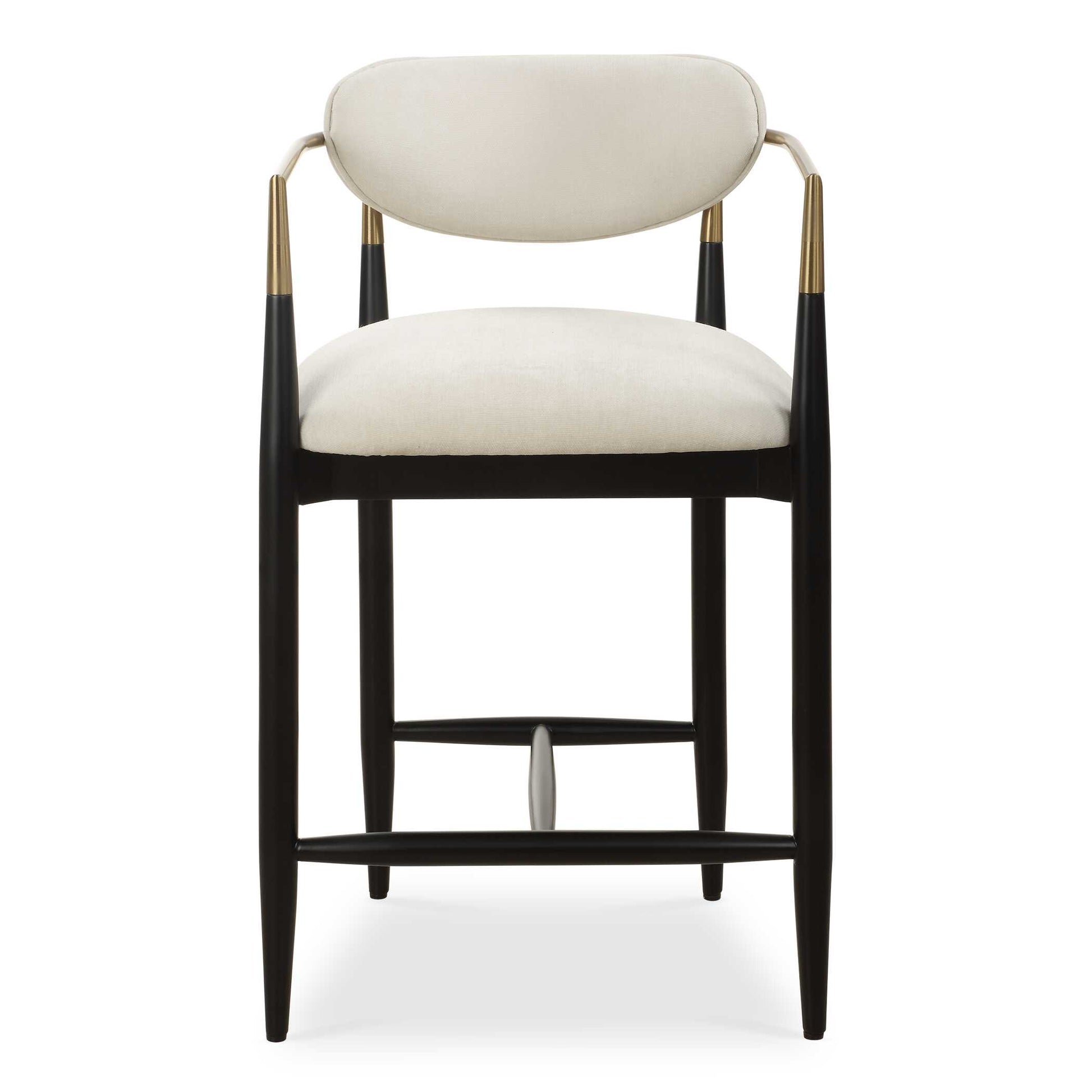 The Sleek Wraparound Frame Of The Moxie Counter Stool Exudes Style And Sophistication. The Tapered Solid Wood Frame Is Finished In Matte Black And Accented By Metal Arms In Plated Brushed Brass. Its Plush Seat And Back Is Upholstered In A Finely Textured Off White, Low Pile Velvet.