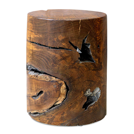 Crafted Entirely From Teakwood, This Accent Stool Showcases Dramatic Spalting, Beautifully Accentuated By The Natural Teak Finish And Is Complemented By Antique Silver-finished Imperfections Peaking Throughout The Piece, Adding Character To Its Design. Solid Wood Will Continue To Move With Temperature And Humidity Changes, Which Can Result In Cracks And Uneven Surfaces, Adding To Its Authenticity And Character.