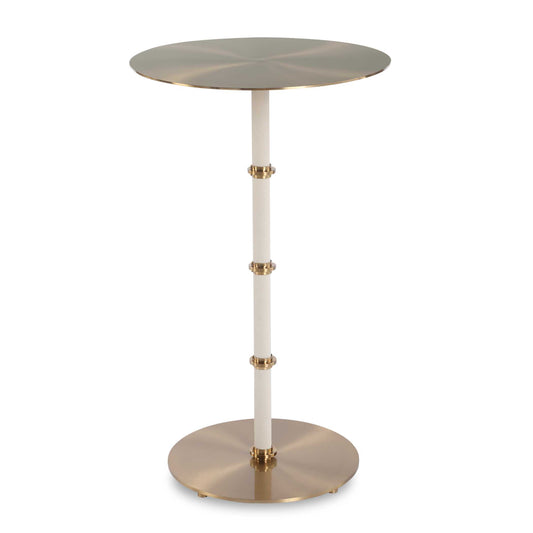 This Accent Table Showcases A White Faux Shagreen Leather Wrapped Body, Offering A Soft, Textured Appeal With Brass Plated Steel Bands That Rise Along The Body. The Table Top Is Crafted From Brass Plated Steel, Adding A Touch Of Modern Luxury To The Piece.