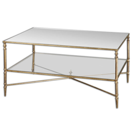 An Elegant Silhouette In Iron With A Cross Stretcher Accent Finished In Gold Leaf With Heavy Antiquing. Top Is Reinforced Mirror And Gallery Shelf Is Clear Tempered Glass.