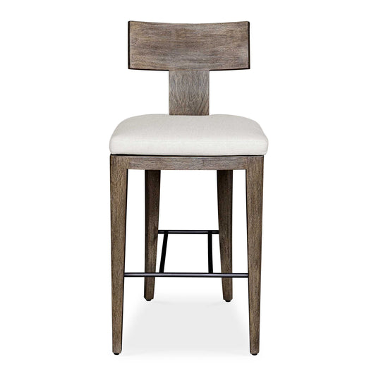 With Durability For The Outdoors In Mind, The Cellini Bar Stool Features A Gracefully Curved Mahogany Wood Frame In A Weathered Gray Finish With Wire-brushed Details. The Plush Cushion Is Upholstered In Oyster White Solution Dyed Acrylic Fabric That Is Constructed To Withstand The Moisture And Dirt That Comes With Outdoor Use.