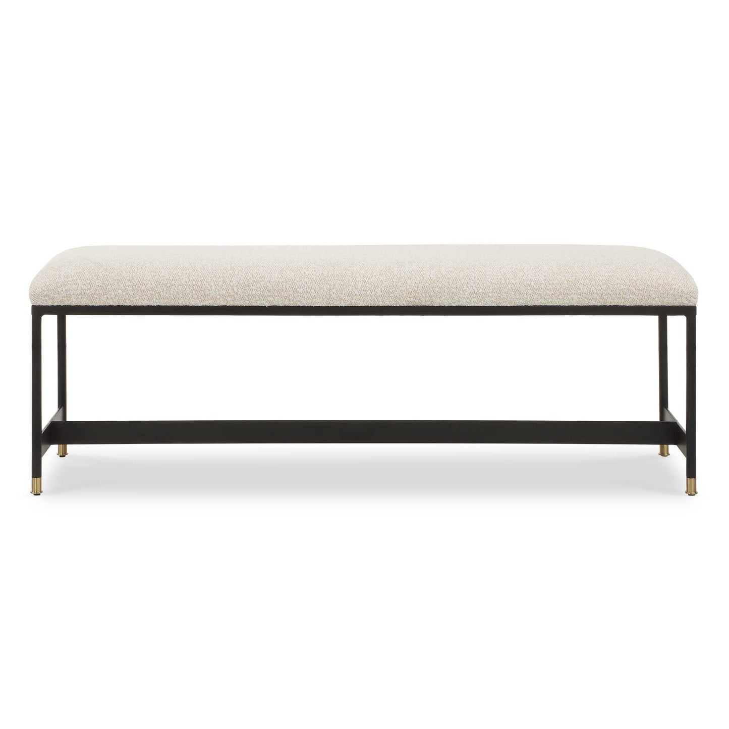 This Bench Features A Sleek Matte Black Iron Frame And Is Paired With A Plush Upholstered Seat In A Casual Off-white Polyester Blend With Wool-like Texture, Accented With Petite Brushed Brass Feet Caps.