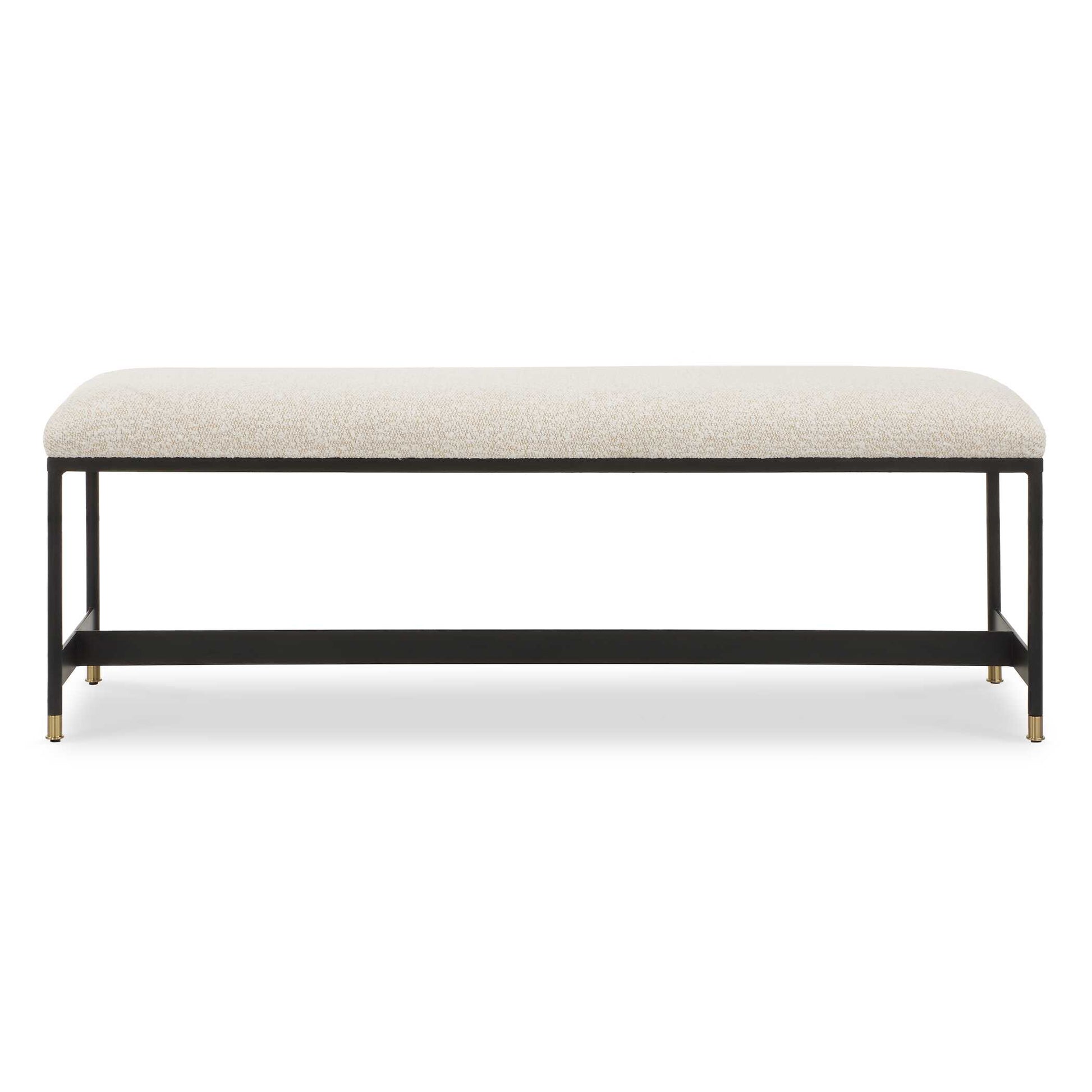 This Bench Features A Sleek Matte Black Iron Frame And Is Paired With A Plush Upholstered Seat In A Casual Off-white Polyester Blend With Wool-like Texture, Accented With Petite Brushed Brass Feet Caps.