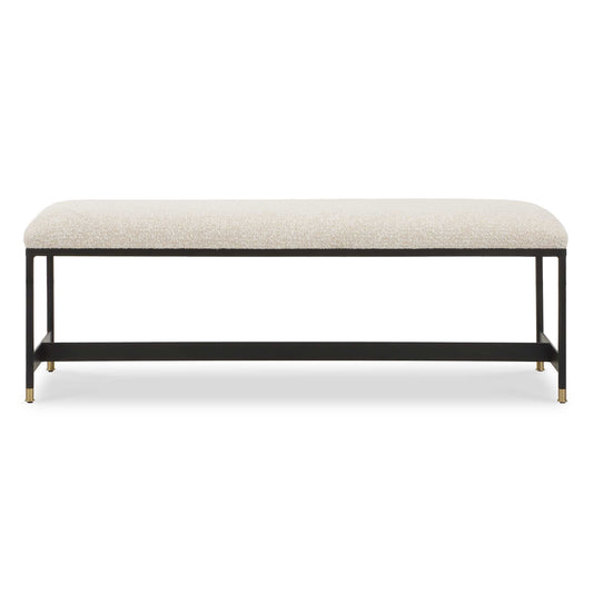 This Bench Features A Sleek Matte Black Iron Frame And Is Paired With A Plush Upholstered Seat In A Casual Off-white Polyester Blend With Wool-like Texture, Accented With Petite Brushed Brass Feet Caps.