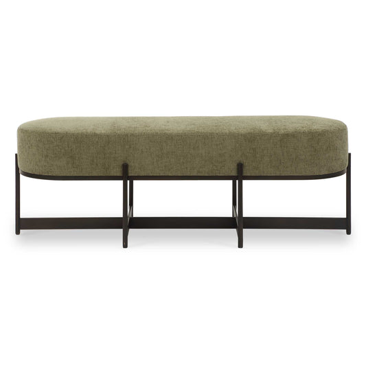 The Angular Bronze Iron Frame Of The Merino Bench Cradles The Plush Seat, Upholstered In A Finely Textured Moss Toned Polyester.