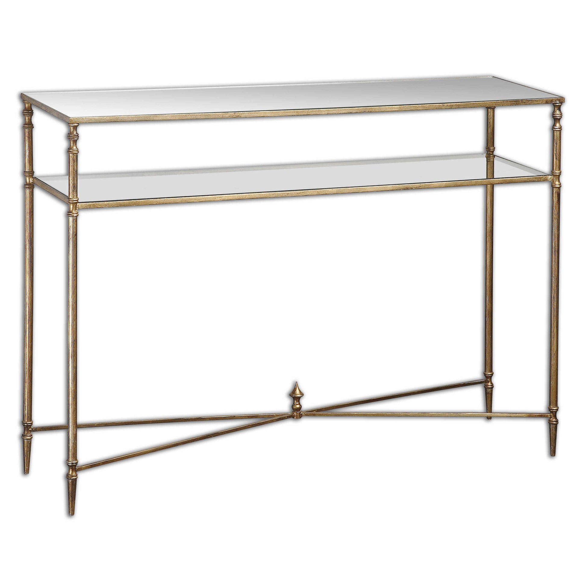 An Elegant Silhouette In Iron With A Cross Stretcher Accent Finished In Gold Leaf With Heavy Antiquing. Top Is Reinforced Mirror And Gallery Shelf Is Clear Tempered Glass.