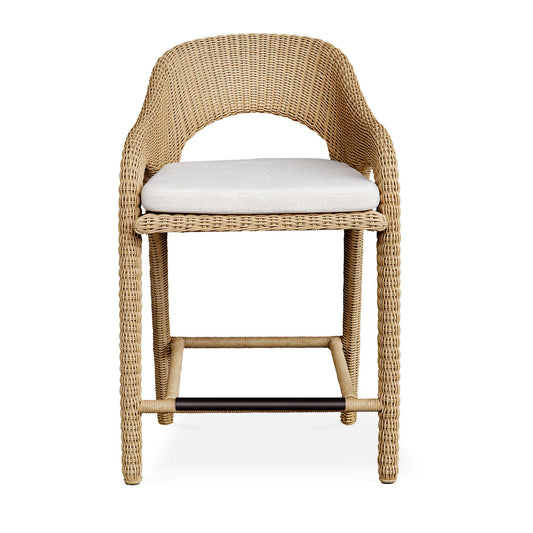 The Kavali Counter Stool Showcases A Curvaceous Frame, Crafted From Hand Wrapped, All-weather Wicker In A Natural Honey Finish. The Plush Cushion Is Upholstered In Oyster White Solution Dyed Acrylic Fabric That Is Constructed To Withstand The Moisture And Dirt That Comes With Outdoor Use.