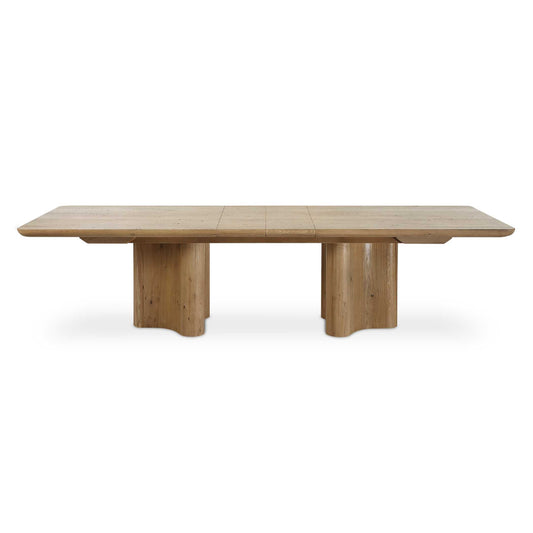 This Dining Table Brings Together Bold, Sculptural Forms. The Simple Tabletop Is Supported By Shapely Pedestal Legs, Crafted From Solid Reclaimed Oak. With Two 12" Leaves, This Extension Dining Table Can Vary From 96", 108", Or 120". Solid Wood Will Continue To Move With Temperature And Humidity Changes, Which Can Result In Cracks And Uneven Surfaces, Adding To Its Authenticity And Character.